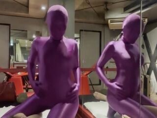 Teenager in Purple Zentai gives him Handhob to cum dirty movie vids